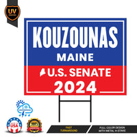 a blue and red sign with the words kouzounas maine on it