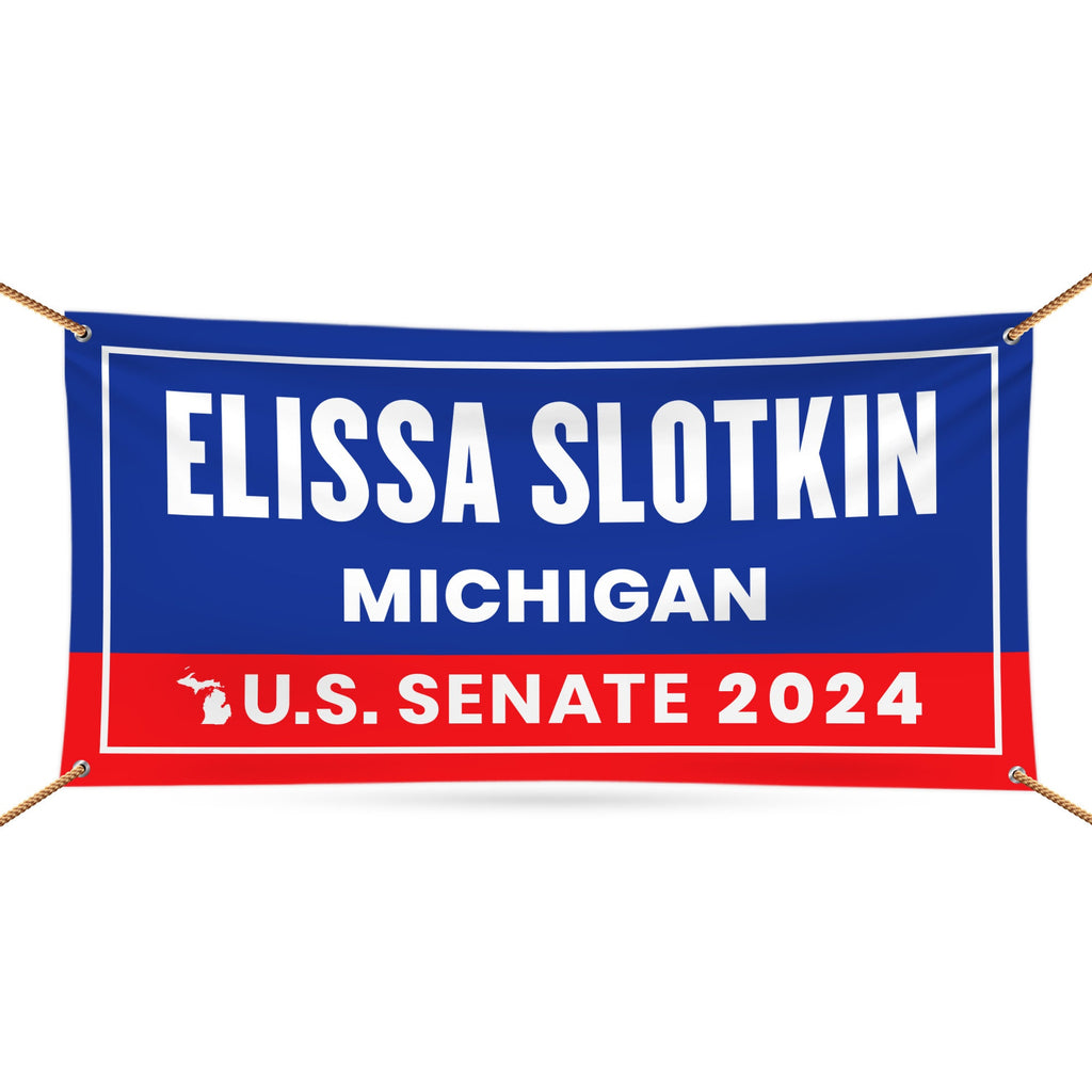 a blue and red banner with a name on it