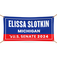 a blue and red banner with a name on it
