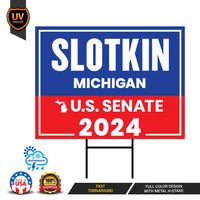 a blue and red sign that says slotkin michigan
