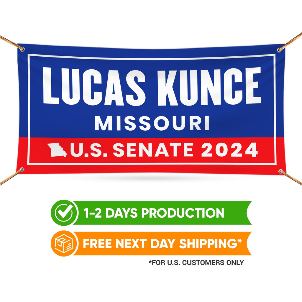 a banner for lucas kunce&#39;s missouri us senate campaign