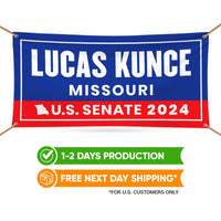 a banner for lucas kunce&#39;s missouri us senate campaign