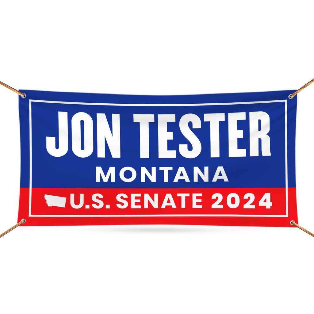 a blue and red banner with the words jon tester montana on it