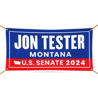 a blue and red banner with the words jon tester montana on it