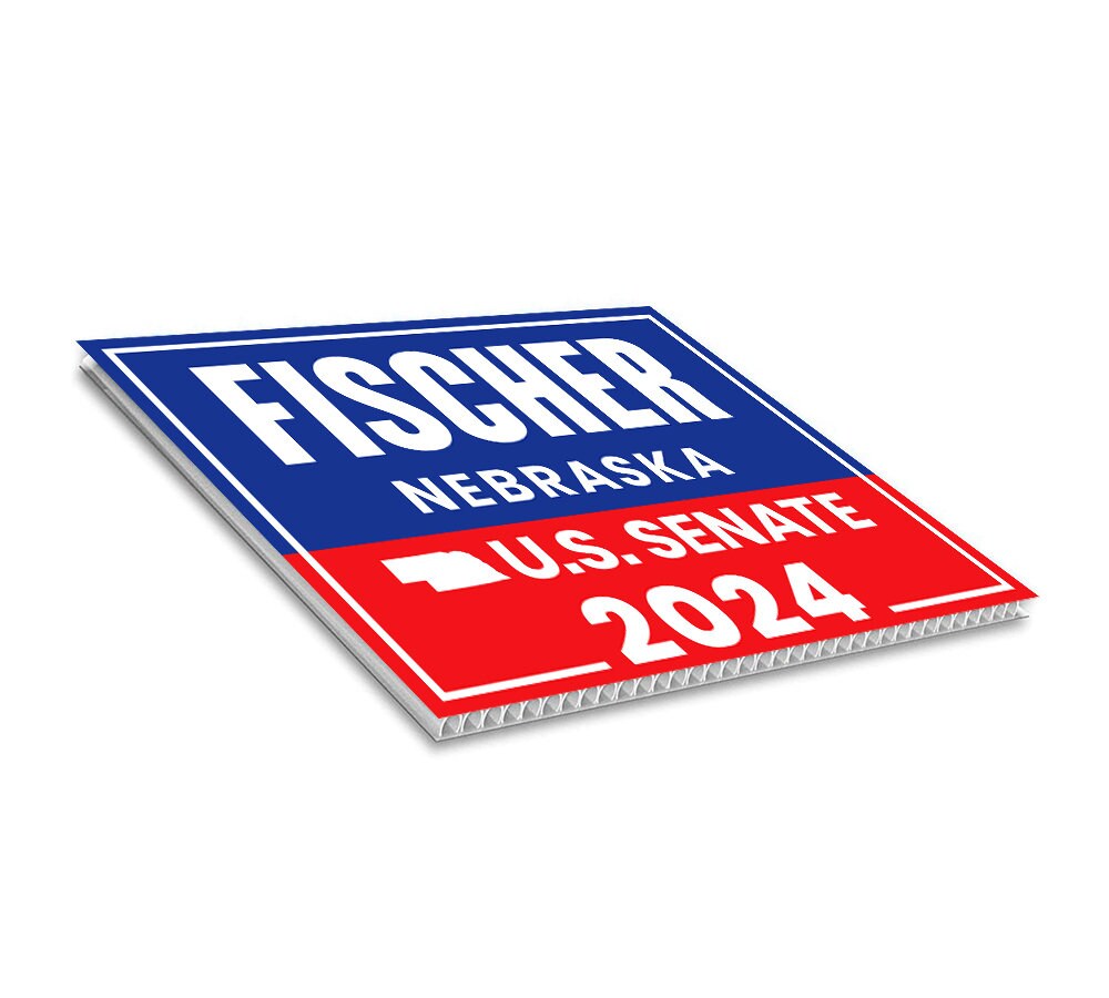a red, white and blue sticker on a white background