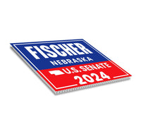 a red, white and blue sticker on a white background