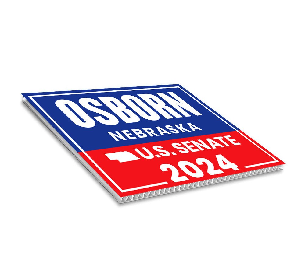 a red, white and blue sticker on a white background