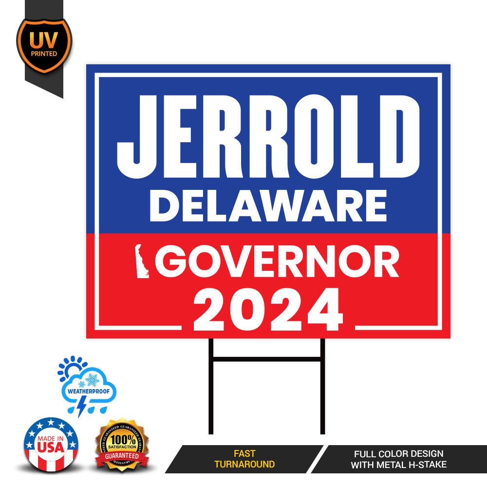 Jerrold Price For Delaware Governor Yard Sign - Coroplast 2024 Governor Elections Race Red White & Blue Yard Sign with Metal H-Stake