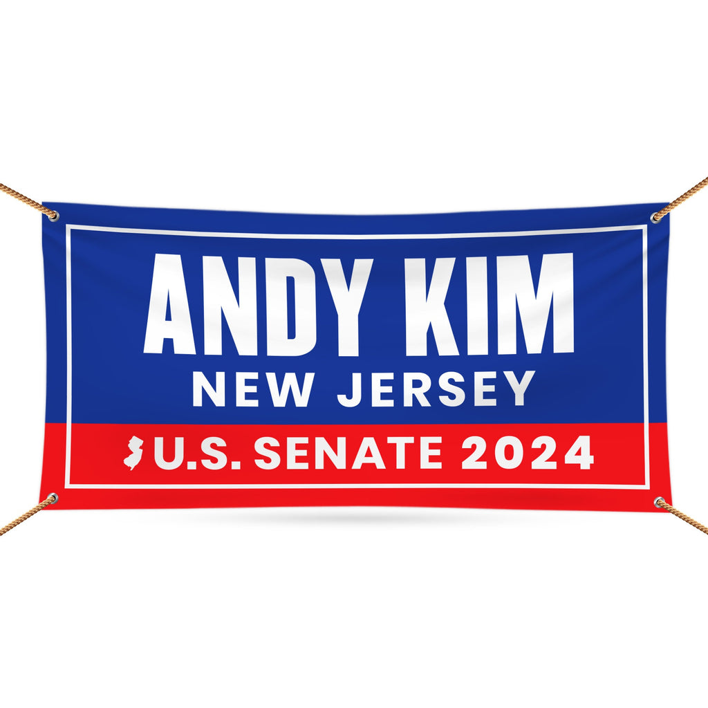 a blue and red banner with the name andy kim new jersey on it