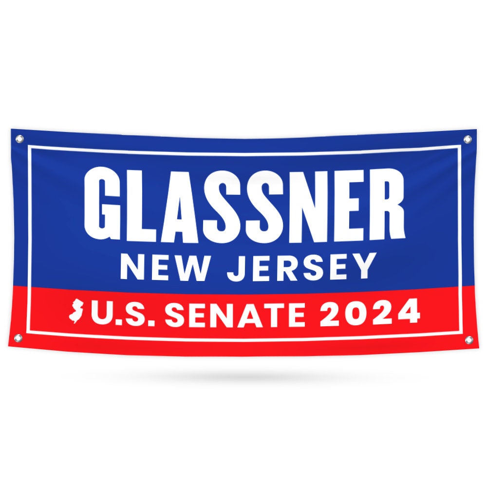 a blue and red banner with the words glassner new jersey