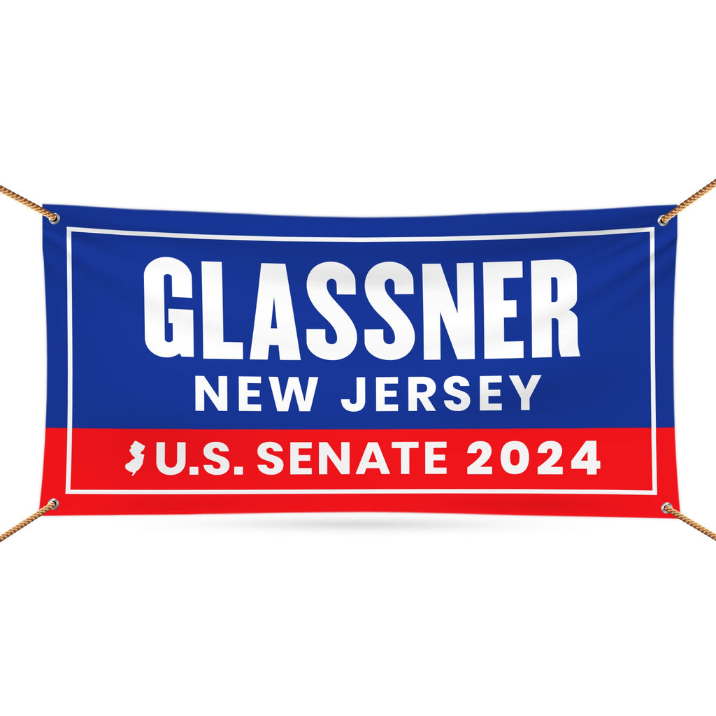 a blue and red glassner banner hanging on a wall