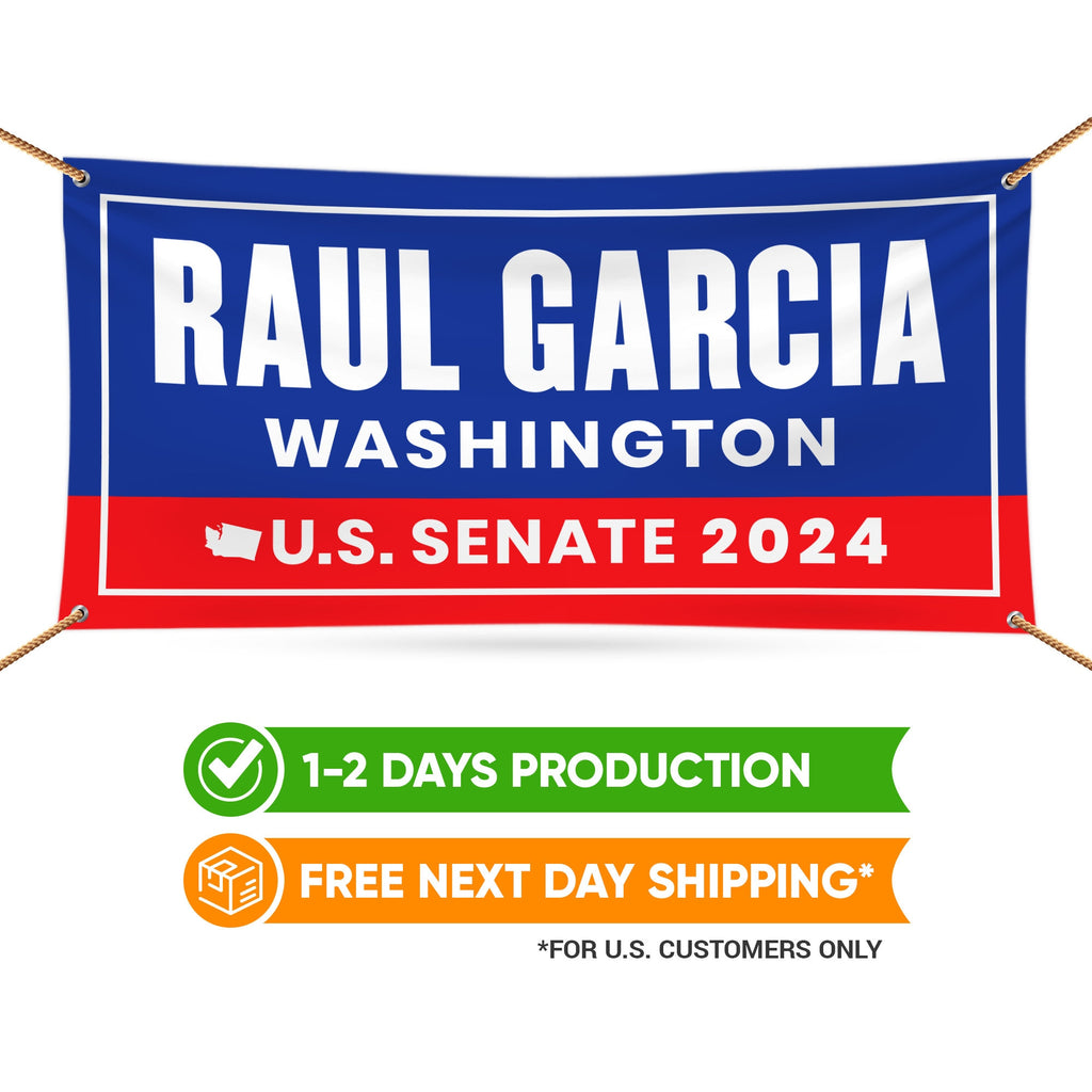 a banner with the name of a political campaign