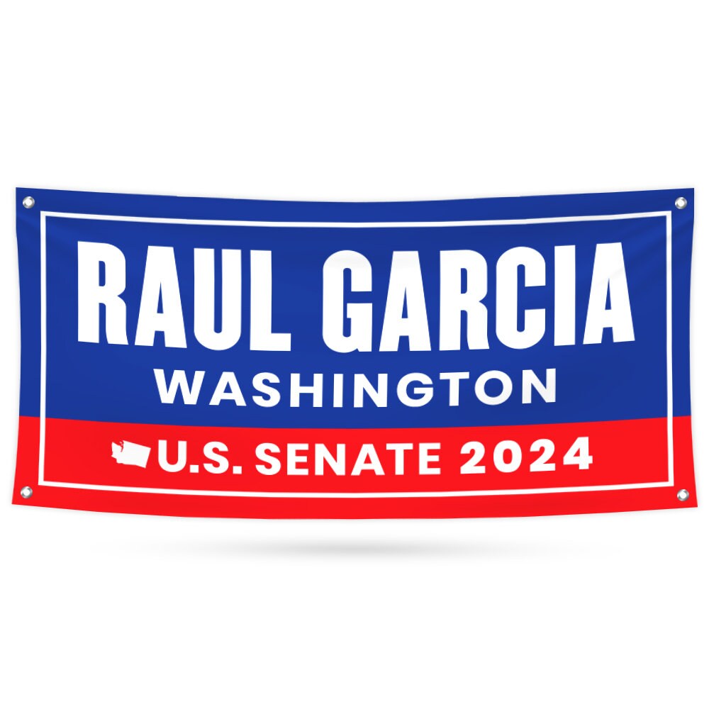 a blue and red political banner with the name of the president of the united states