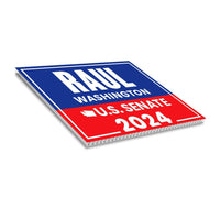 a red, white, and blue political sign on a white background