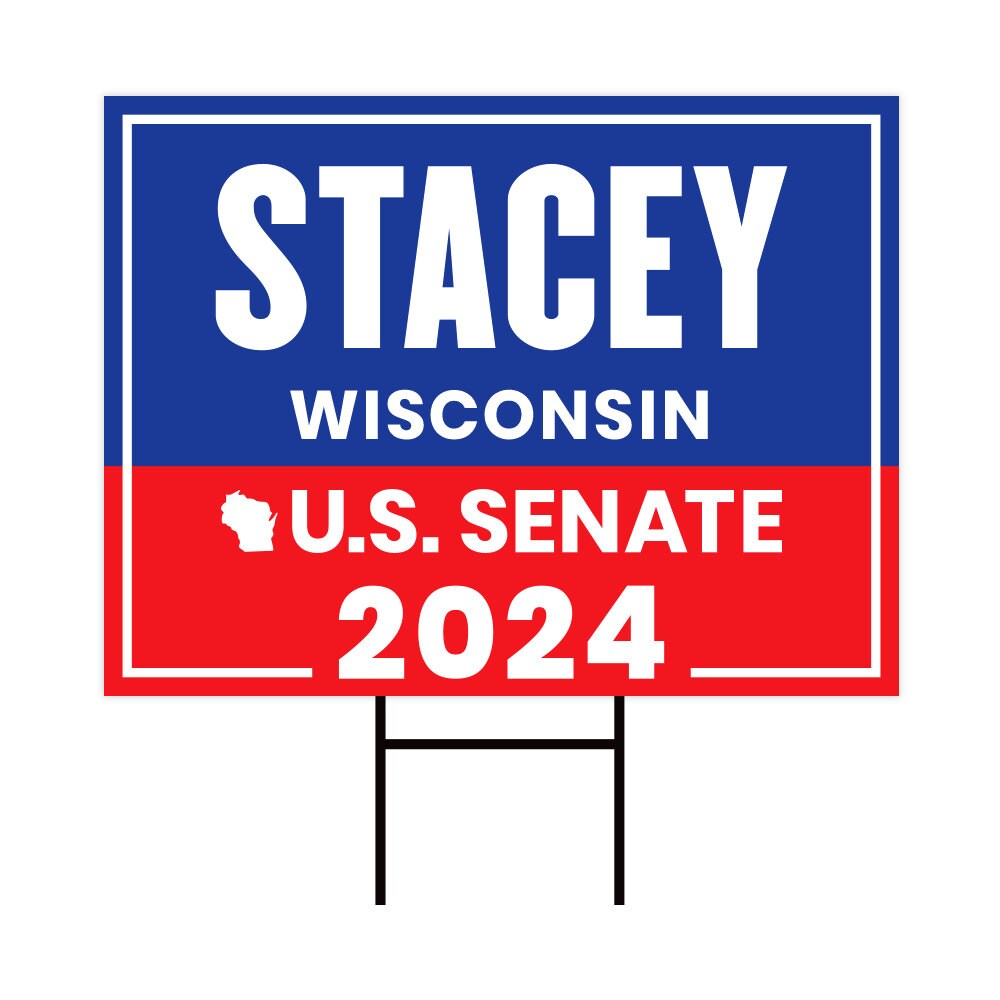 a red, white and blue sign that says stagey wisconsin