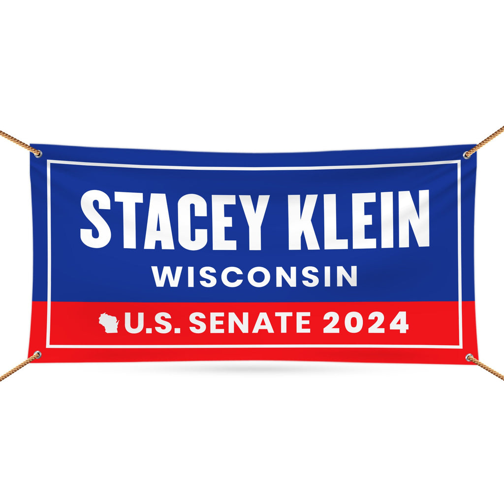 a blue and red banner with the name of the state of wisconsin