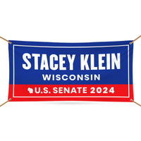 a blue and red banner with the name of the state of wisconsin