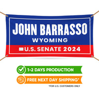 a banner with the name of a political campaign