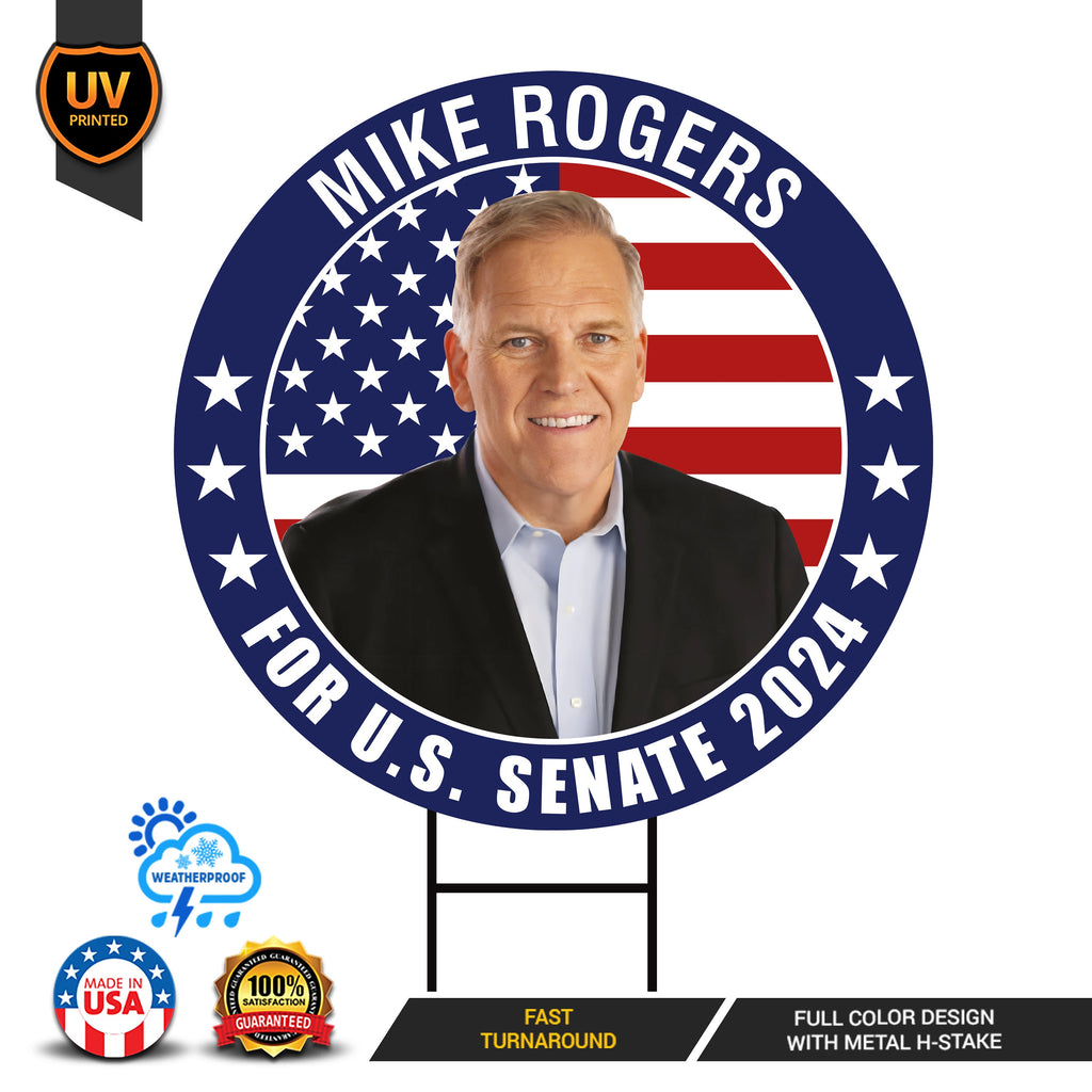 Mike Rogers US Senate Yard Sign - Coroplast US Senate Election Michigan 2024 Race Red White & Blue Yard Sign with Metal H-Stake