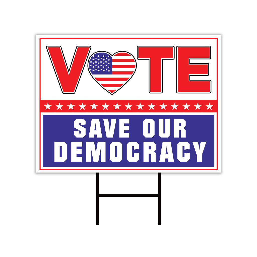 Vote Blue Save Democracy Yard Sign - Coroplast Vote Democrat Lawn Sign, Vote Blue Save Democracy Yard Sign with Metal H-Stake