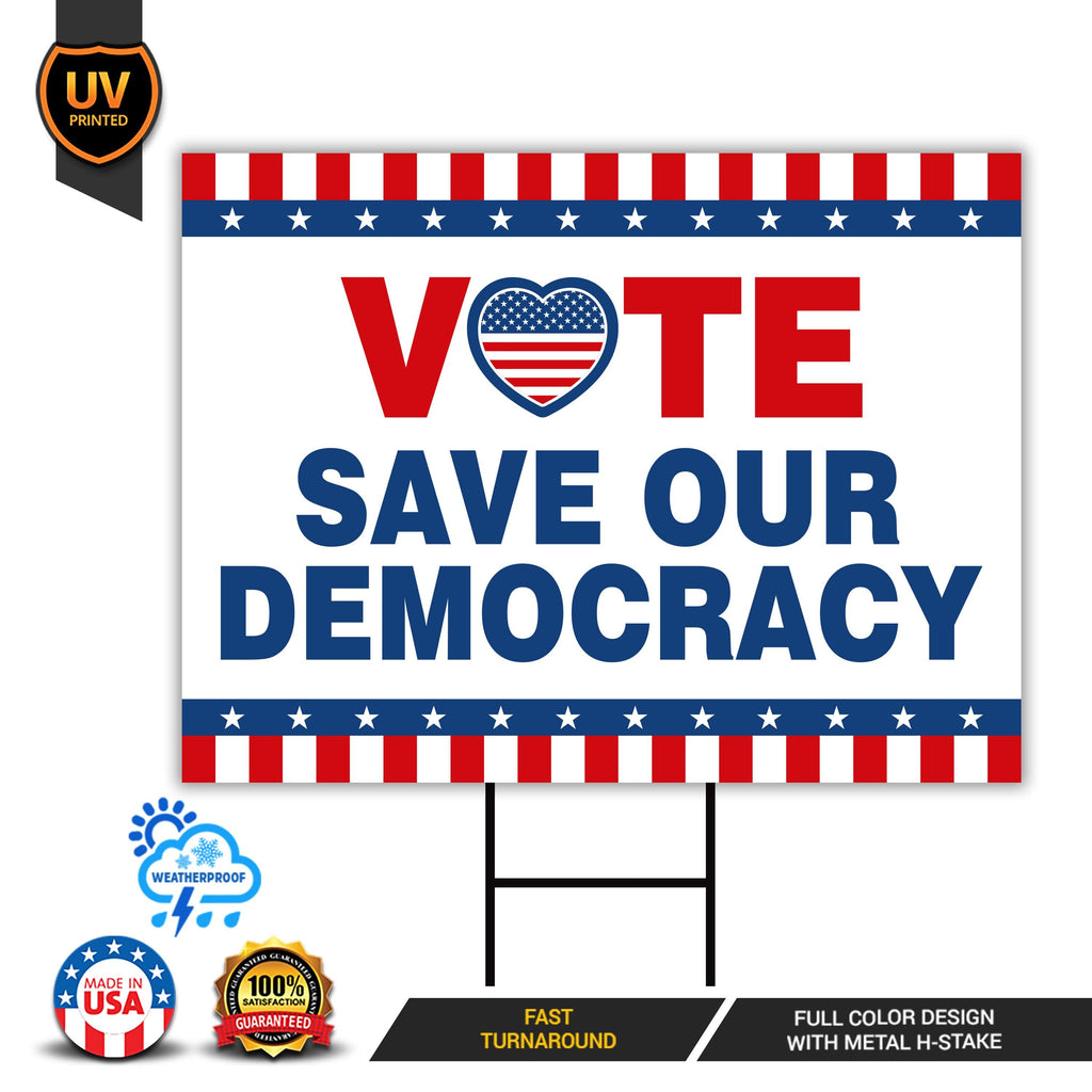 Vote Blue Save Democracy Yard Sign - Coroplast Vote Democrat Lawn Sign, Vote Blue Save Democracy Yard Sign with Metal H-Stake