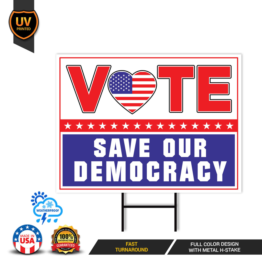 Vote Blue Save Democracy Yard Sign - Coroplast Vote Democrat Lawn Sign, Vote Blue Save Democracy Yard Sign with Metal H-Stake