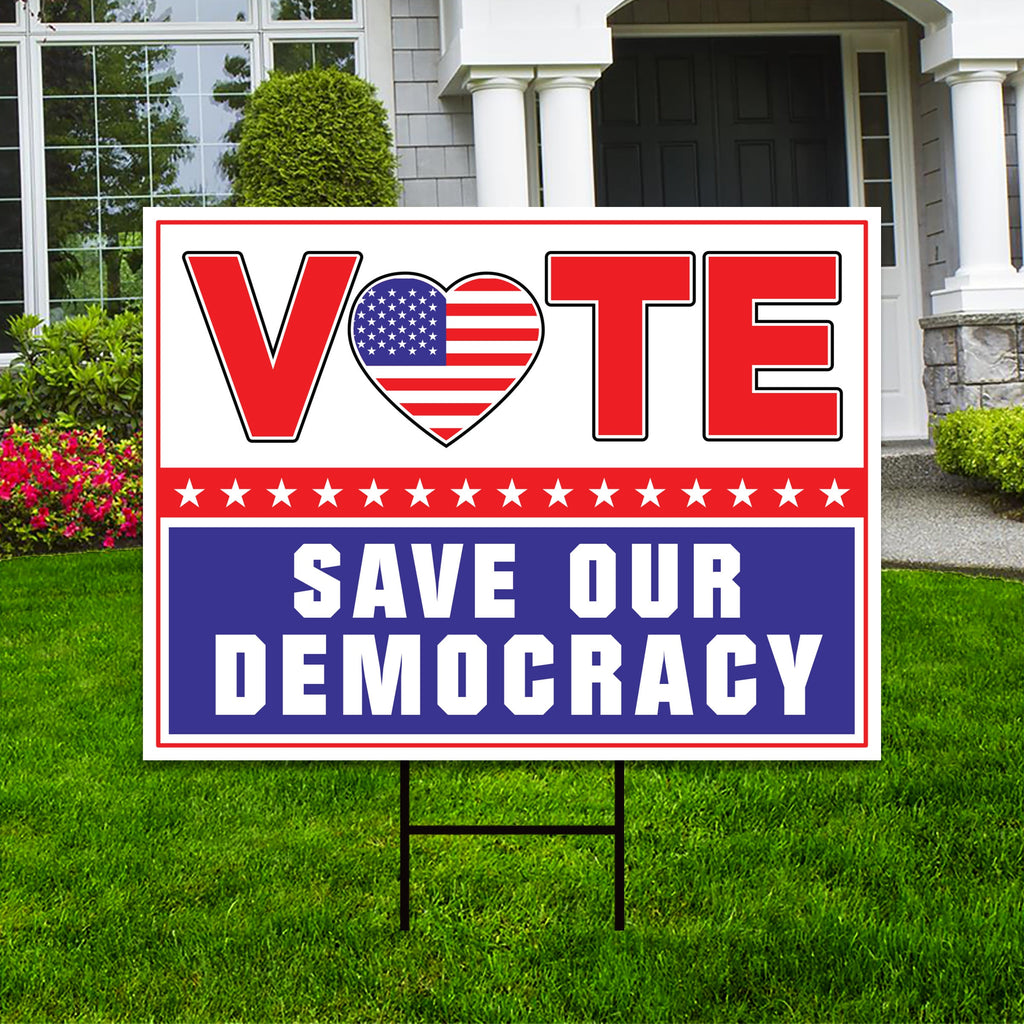 Vote Blue Save Democracy Yard Sign - Coroplast Vote Democrat Lawn Sign, Vote Blue Save Democracy Yard Sign with Metal H-Stake