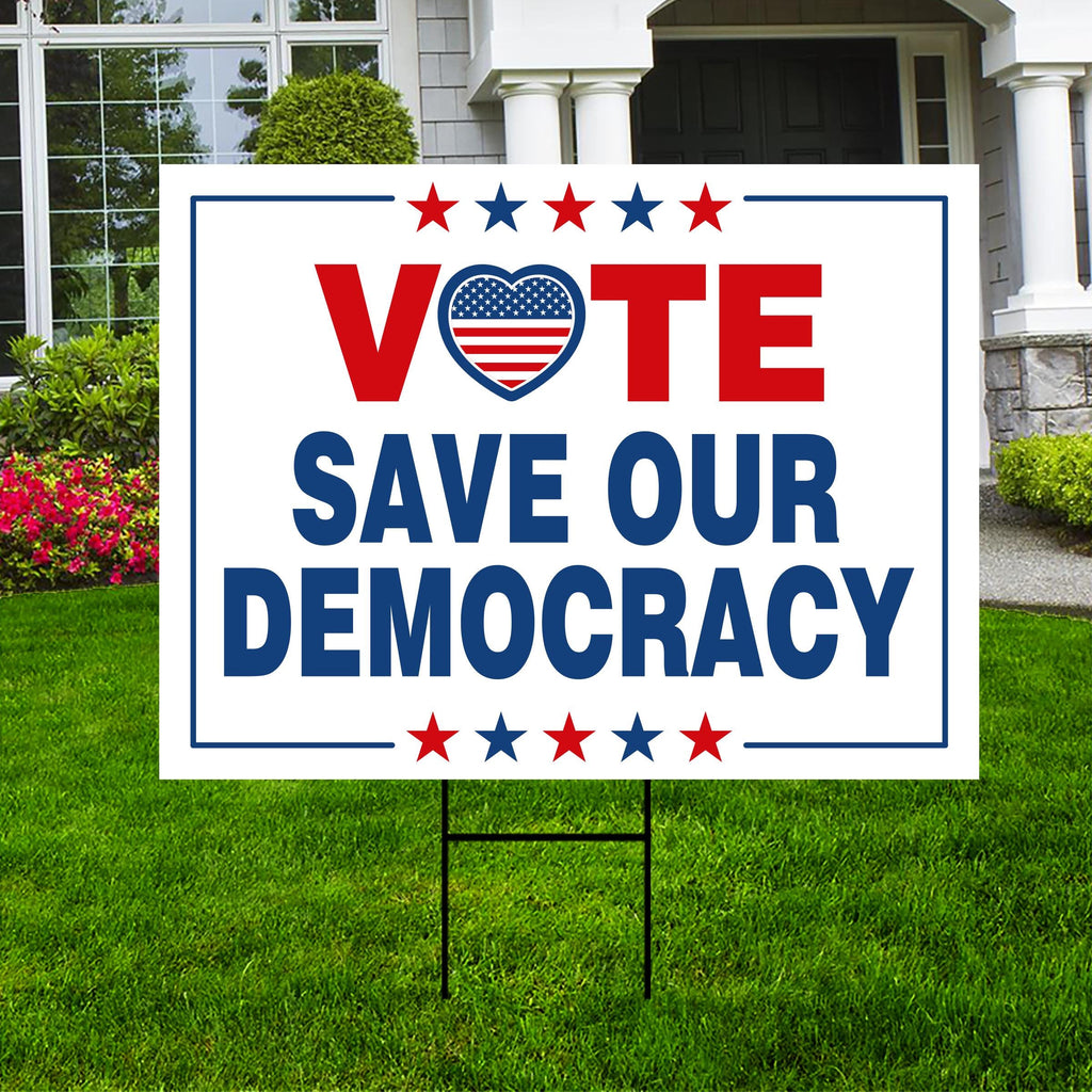 Vote Blue Save Democracy Yard Sign - Coroplast Vote Democrat Lawn Sign, Vote Blue Save Democracy Yard Sign with Metal H-Stake