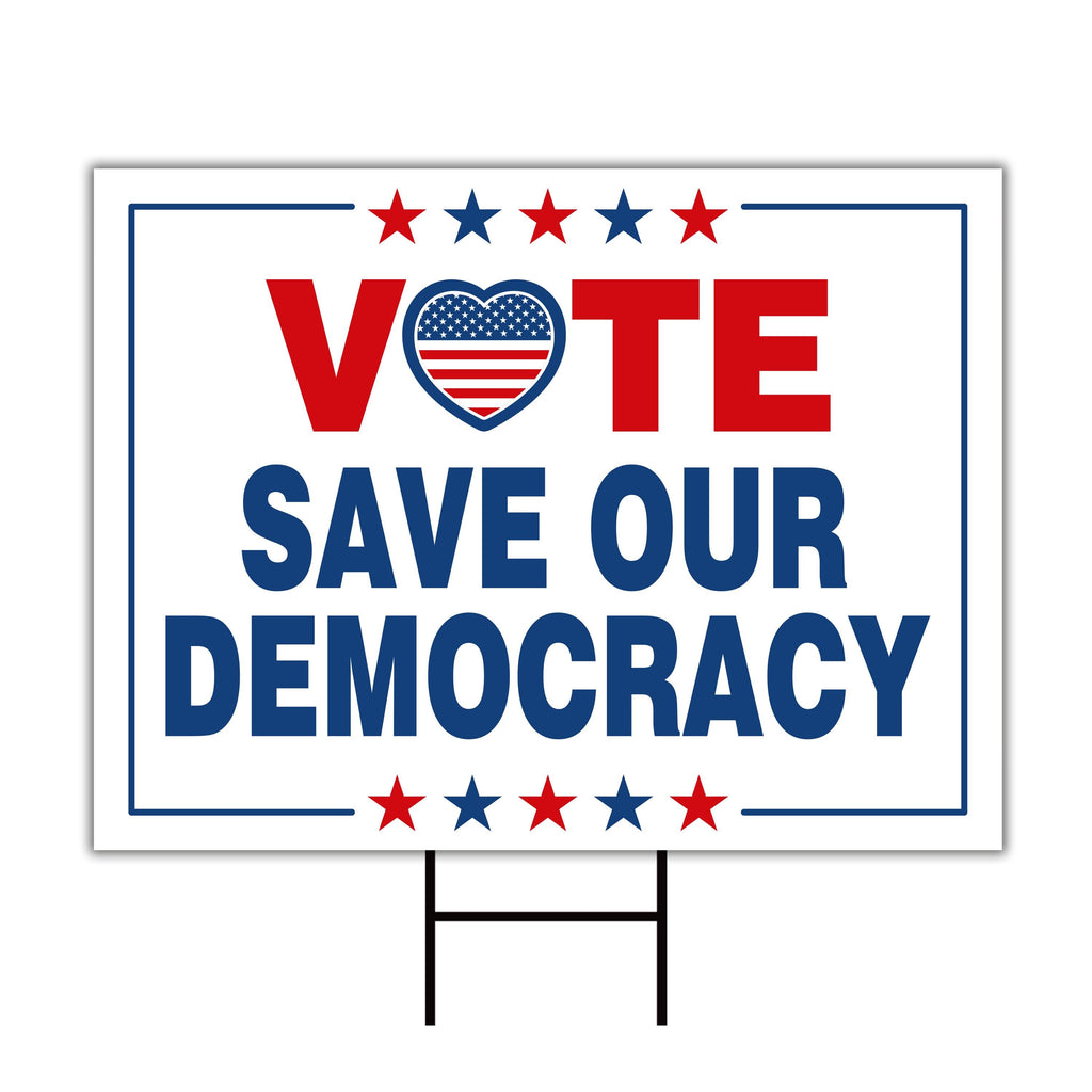 Vote Blue Save Democracy Yard Sign - Coroplast Vote Democrat Lawn Sign, Vote Blue Save Democracy Yard Sign with Metal H-Stake