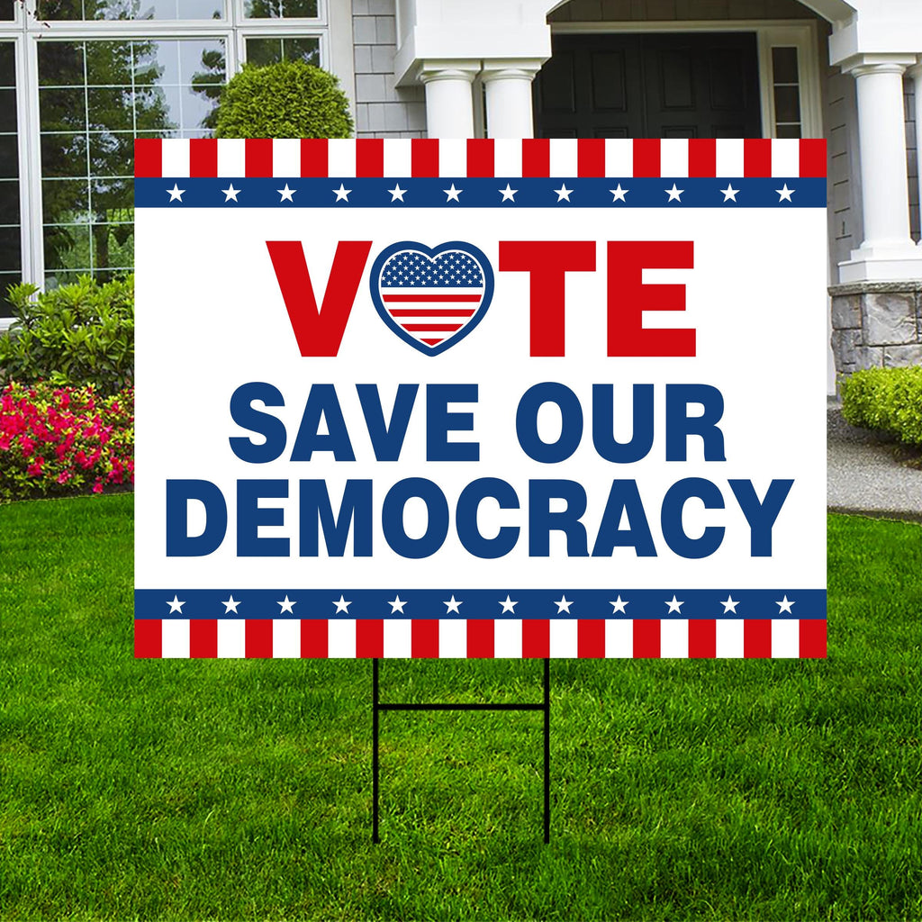 Vote Blue Save Democracy Yard Sign - Coroplast Vote Democrat Lawn Sign, Vote Blue Save Democracy Yard Sign with Metal H-Stake