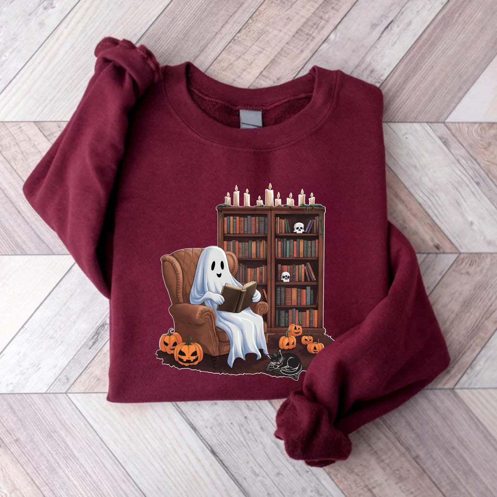 Ghost Reading Books Sweatshirt, Halloween Book Lover Sweater, Teacher Librarian Ghost Halloween Gift, Bookish Halloween Boo School Shirt