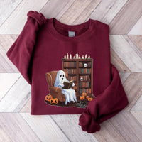 Ghost Reading Books Sweatshirt, Halloween Book Lover Sweater, Teacher Librarian Ghost Halloween Gift, Bookish Halloween Boo School Shirt