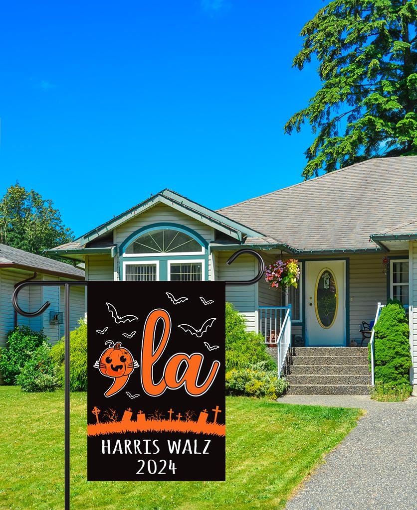 Comma La, Halloween Garden Flag - 12x18 Inch Double Sided, Harris Walz 2024 Flag, Madam President Flag, Spooky Halloween Pumpkin Flag