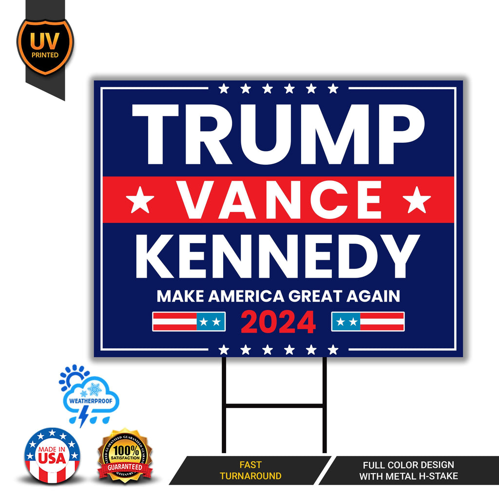 Trump Vance Kennedy 2024 Yard Sign - Coroplast Unite America 2024, Trump For President 2024, Trump Kennedy Yard Sign with Metal H-Stake