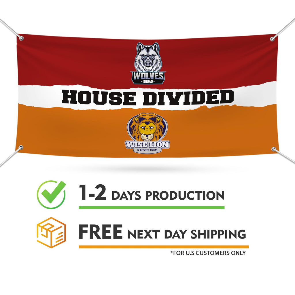 Custom House Divided Banner Sign, 13 Oz Hockey, Basketball, Baseball, Football, Any League, College, Team Rivalry Banner with Metal Grommets