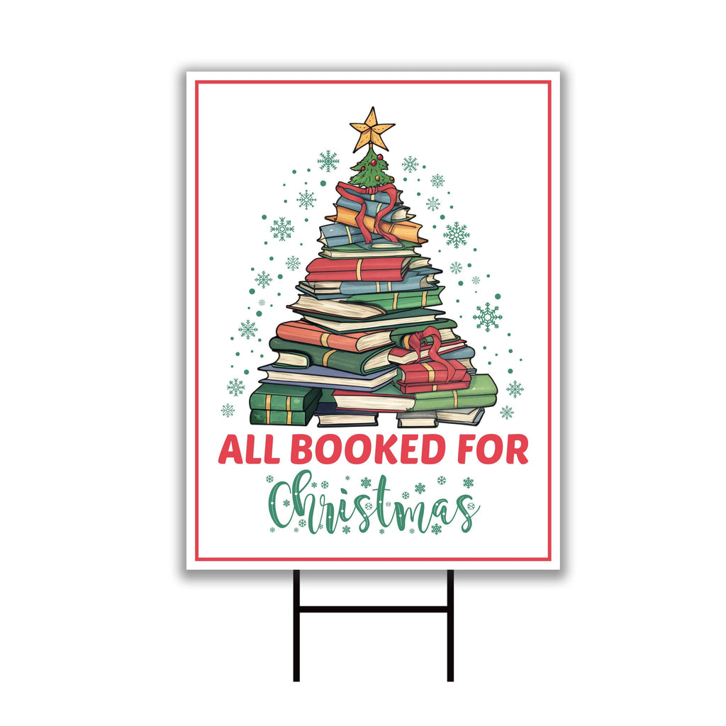 All Booked For Christmas Yard Sign - Christmas Book Tree Lawn Sign, Holiday, Winter, Merry Christmas Welcome Yard Signs with Metal H-Stake