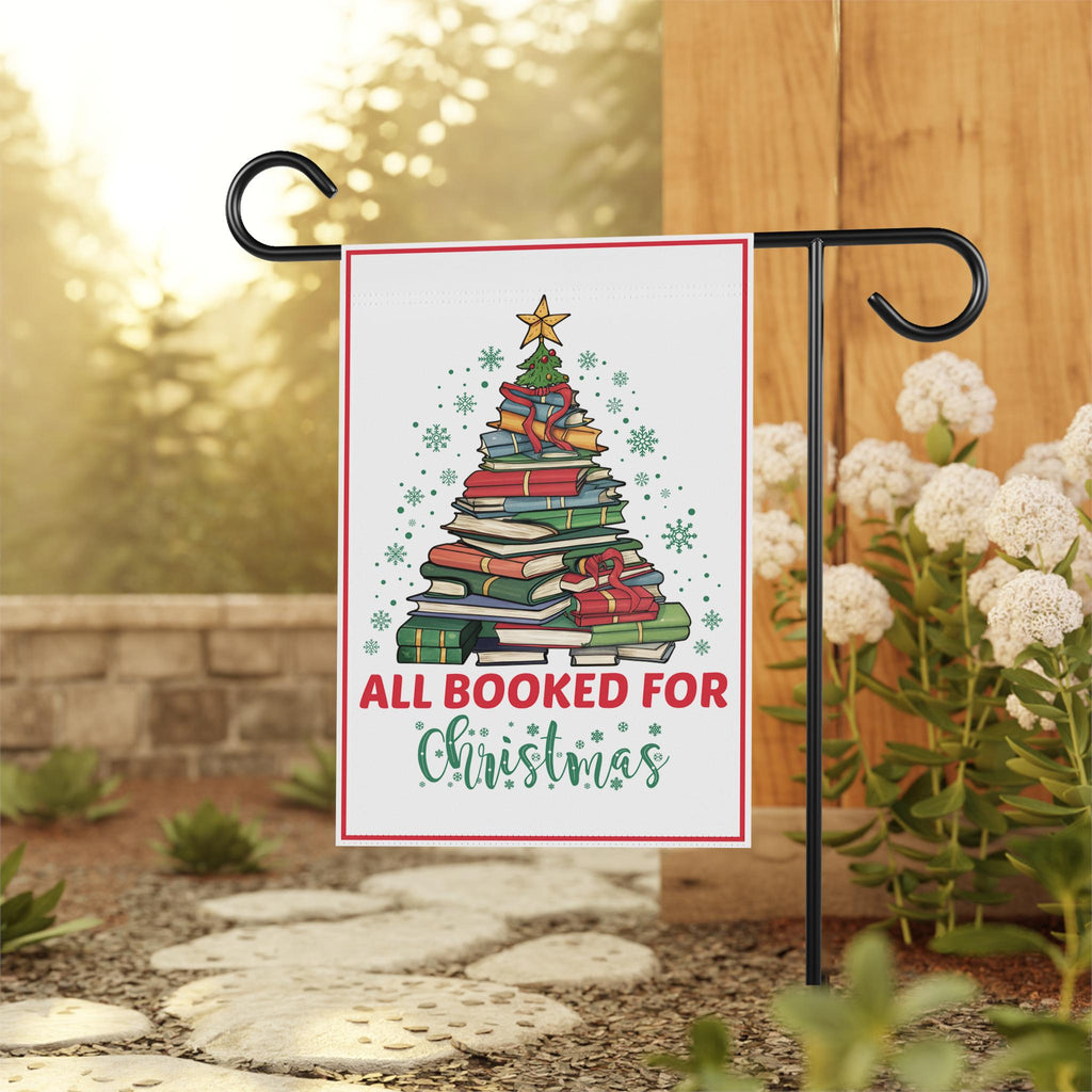 All Booked For Christmas Garden Flag - 12x18 Inch Double Sided, Christmas Book Tree Flag, Winter, Holiday Flag, Merry Christmas Welcome Flag