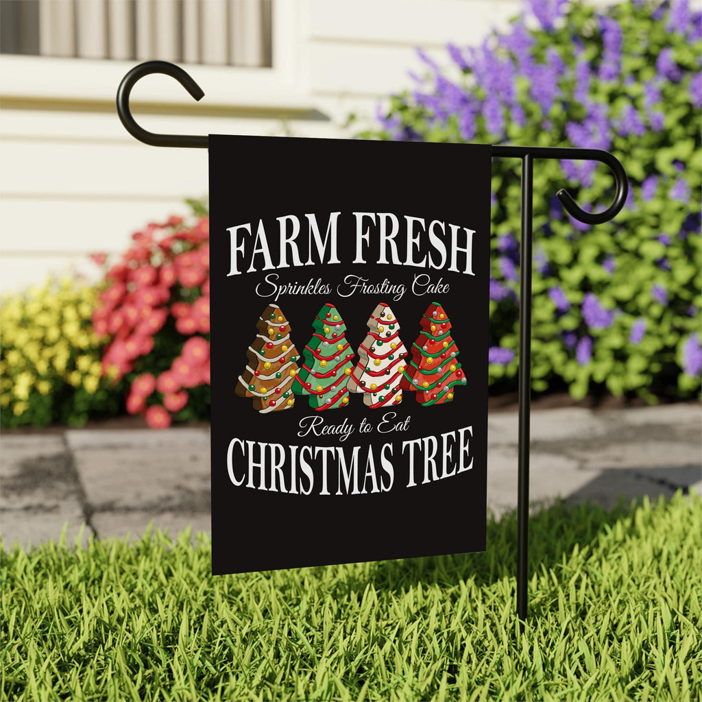 Farm Fresh Christmas Garden Flag - 12x18 Inch Double Sided, Christmas Tree Cake Flag, Holiday Winter Xmas Tree, Merry Christmas Welcome Flag