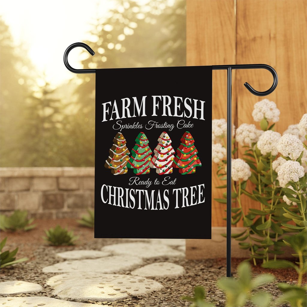 Farm Fresh Christmas Garden Flag - 12x18 Inch Double Sided, Christmas Tree Cake Flag, Holiday Winter Xmas Tree, Merry Christmas Welcome Flag