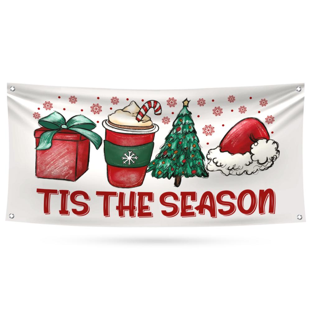 Tis The Season Christmas Banner Sign, 13 Oz Holiday, Winter, Xmas Tree Banner, Merry Christmas Welcome Vinyl Banner with Metal Grommets