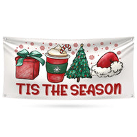 Tis The Season Christmas Banner Sign, 13 Oz Holiday, Winter, Xmas Tree Banner, Merry Christmas Welcome Vinyl Banner with Metal Grommets