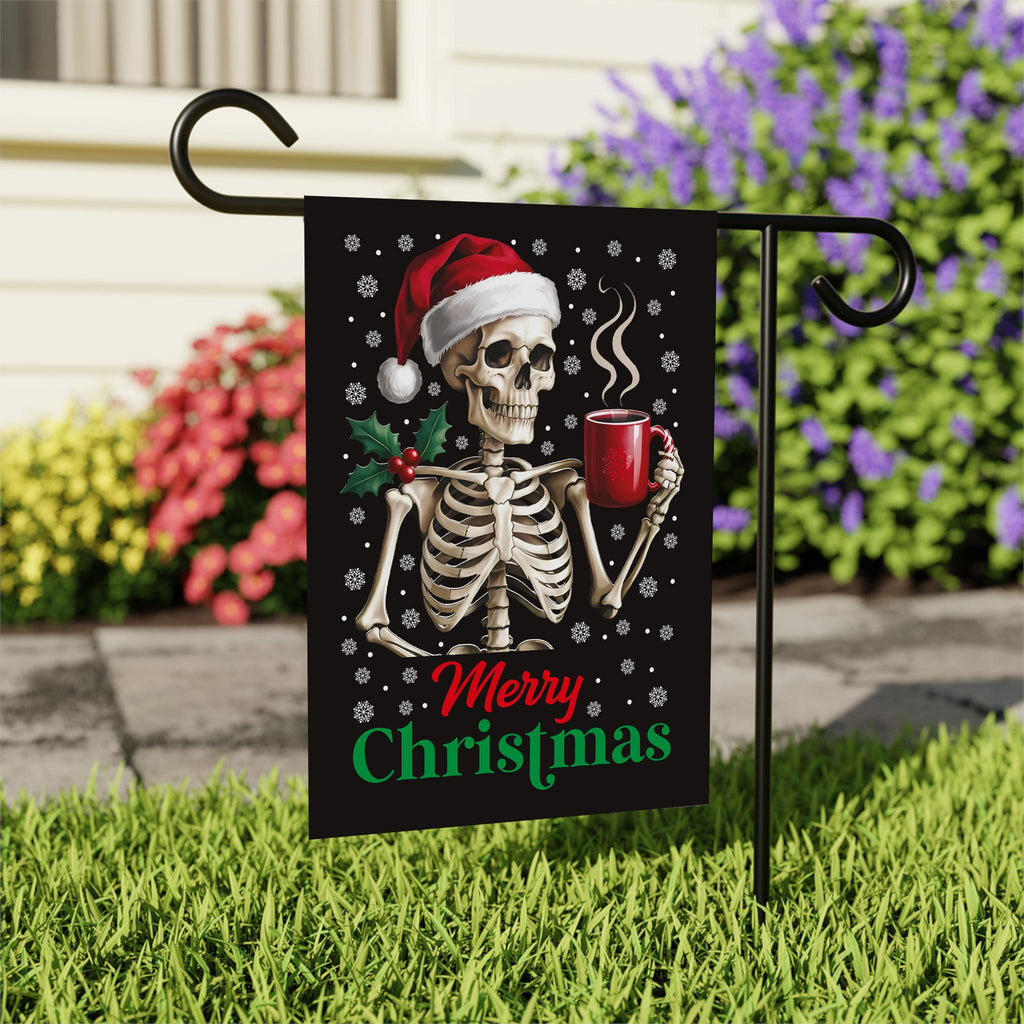 Coffee Lover Christmas Garden Flag - 12x18 Inch Double Sided, Xmas Skeleton Flag, Holiday Flag, Winter Flag, Merry Christmas Welcome Flag