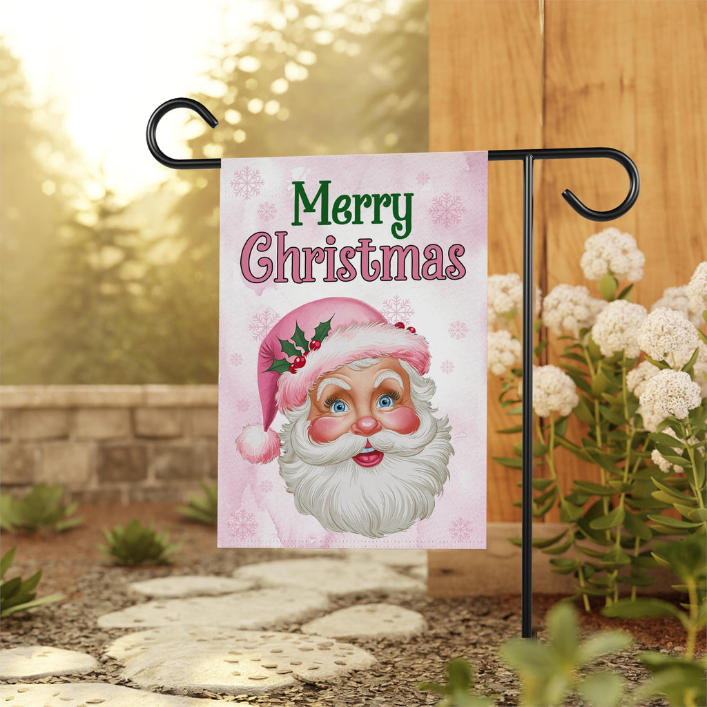Pink Santa Retro Christmas Garden Flag - 12x18 Inch Double Sided, Christmas Flag, Holiday Flag, Winter Flag, Merry Christmas Welcome Flag