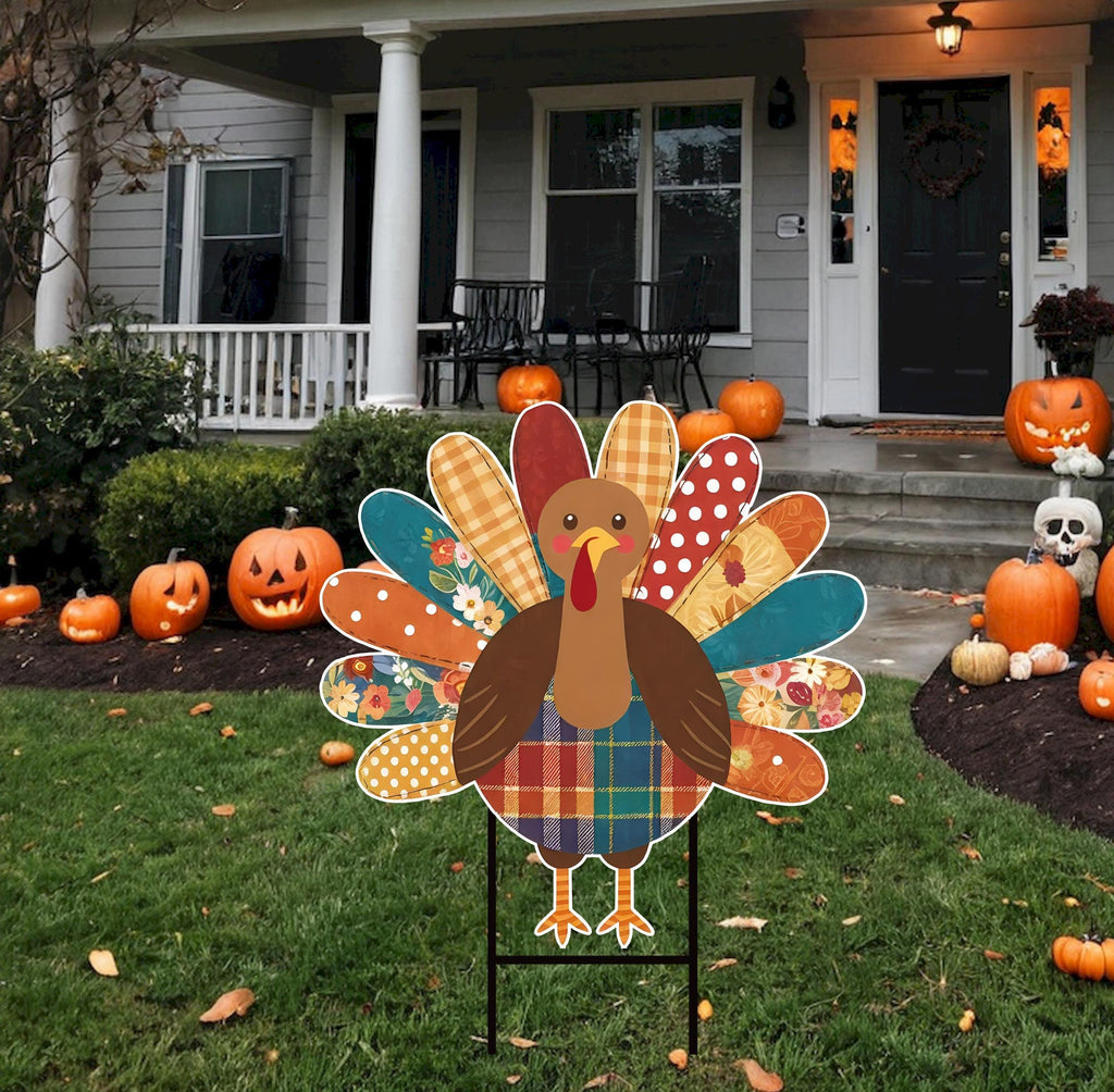 Happy Thanksgiving Yard Sign -  Turkey Lawn Sign, Thankful, Fall, Autumn, Pumpkin Season, Thanksgiving Welcome Yard Sign with Metal H-Stake