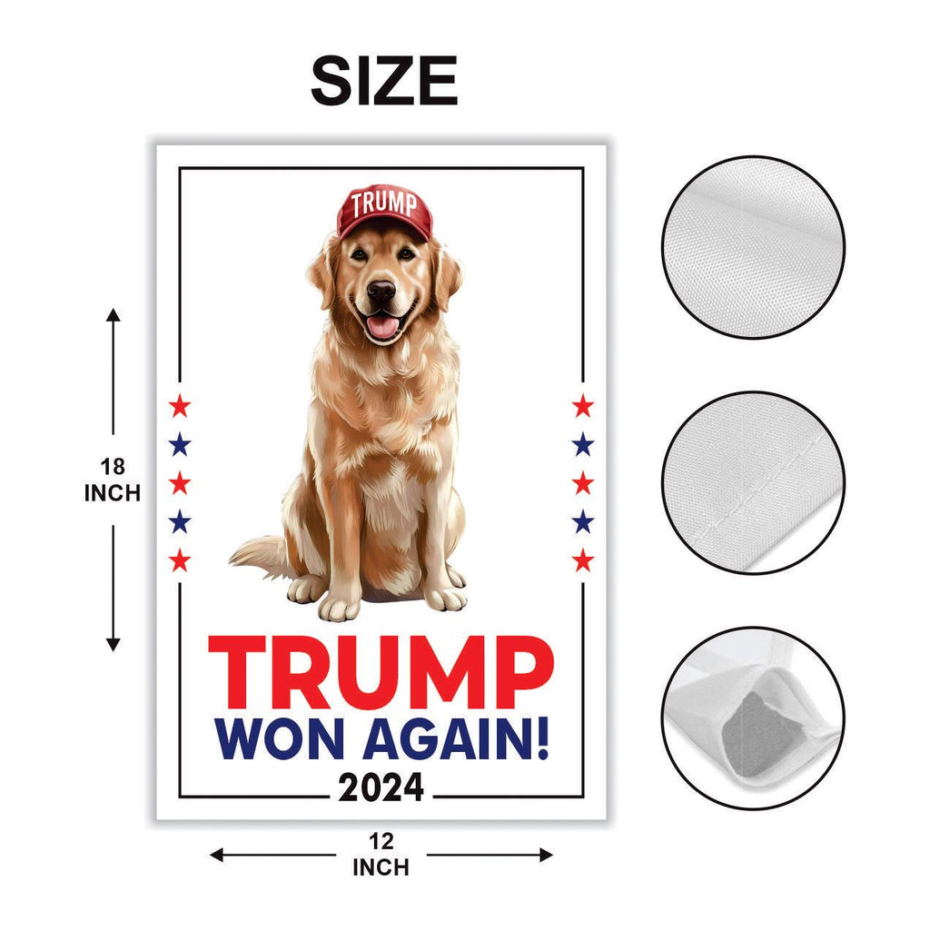 Trump Golden Retriever Garden Flag - 12x18 Inch Double Sided, Trump Won Again Flag, Make America Great Again Flag, Trump Republican Flag