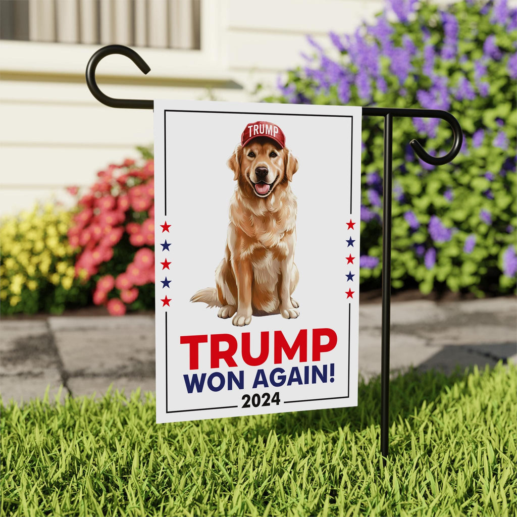 Trump Golden Retriever Garden Flag - 12x18 Inch Double Sided, Trump Won Again Flag, Make America Great Again Flag, Trump Republican Flag