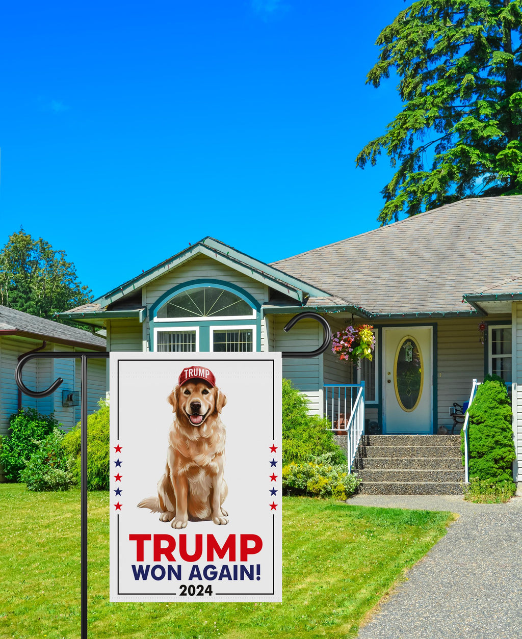 Trump Golden Retriever Garden Flag - 12x18 Inch Double Sided, Trump Won Again Flag, Make America Great Again Flag, Trump Republican Flag