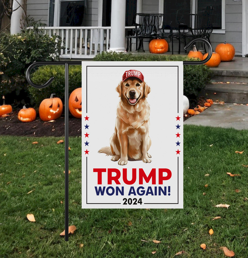 Trump Golden Retriever Garden Flag - 12x18 Inch Double Sided, Trump Won Again Flag, Make America Great Again Flag, Trump Republican Flag