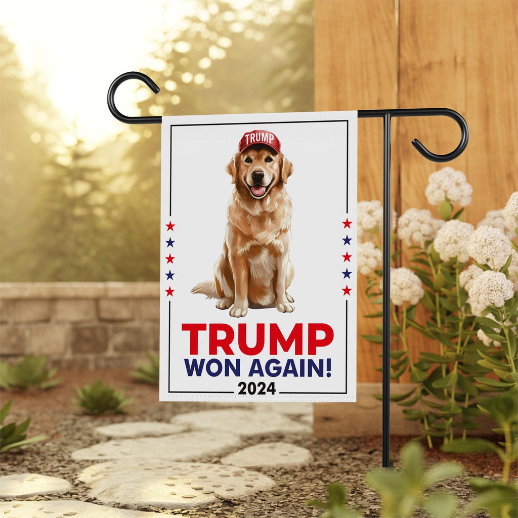 Trump Golden Retriever Garden Flag - 12x18 Inch Double Sided, Trump Won Again Flag, Make America Great Again Flag, Trump Republican Flag