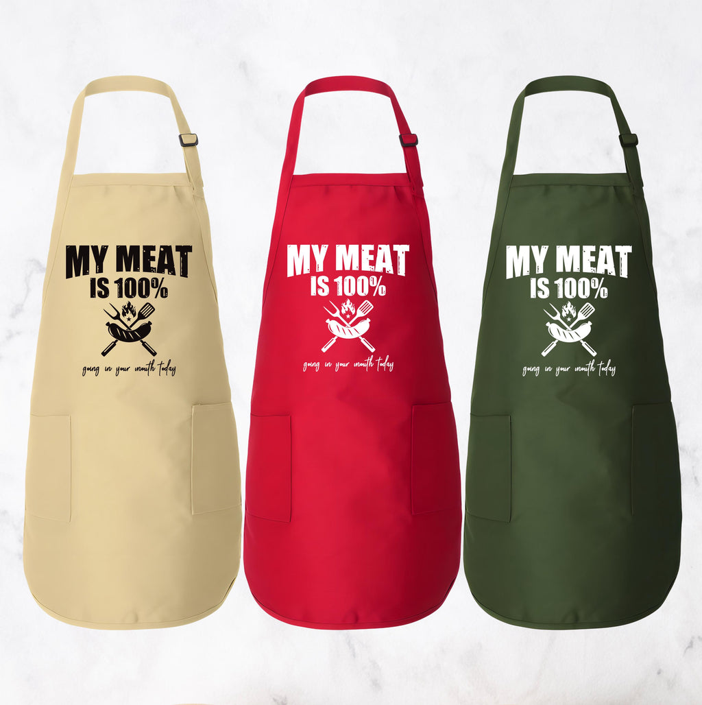 My Meat is 100% Going In Your Mouth Apron, Adjustable Neck, Full-Length Funny Grill Apron with Pockets, BBQ Apron, Apron for Men, Dad Apron